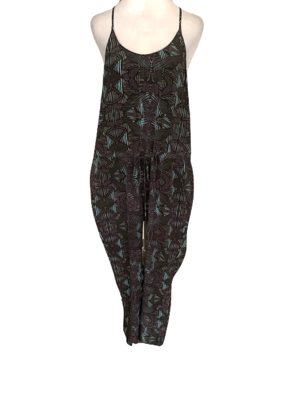Rory Beca Black Graphic Print XS 100% Silk Halter Jumpsuit Summer Tie Waist